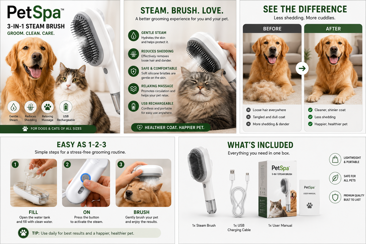 Cepillo de Vapor 3 en 1 PetSpa™ para Perros y Gatos