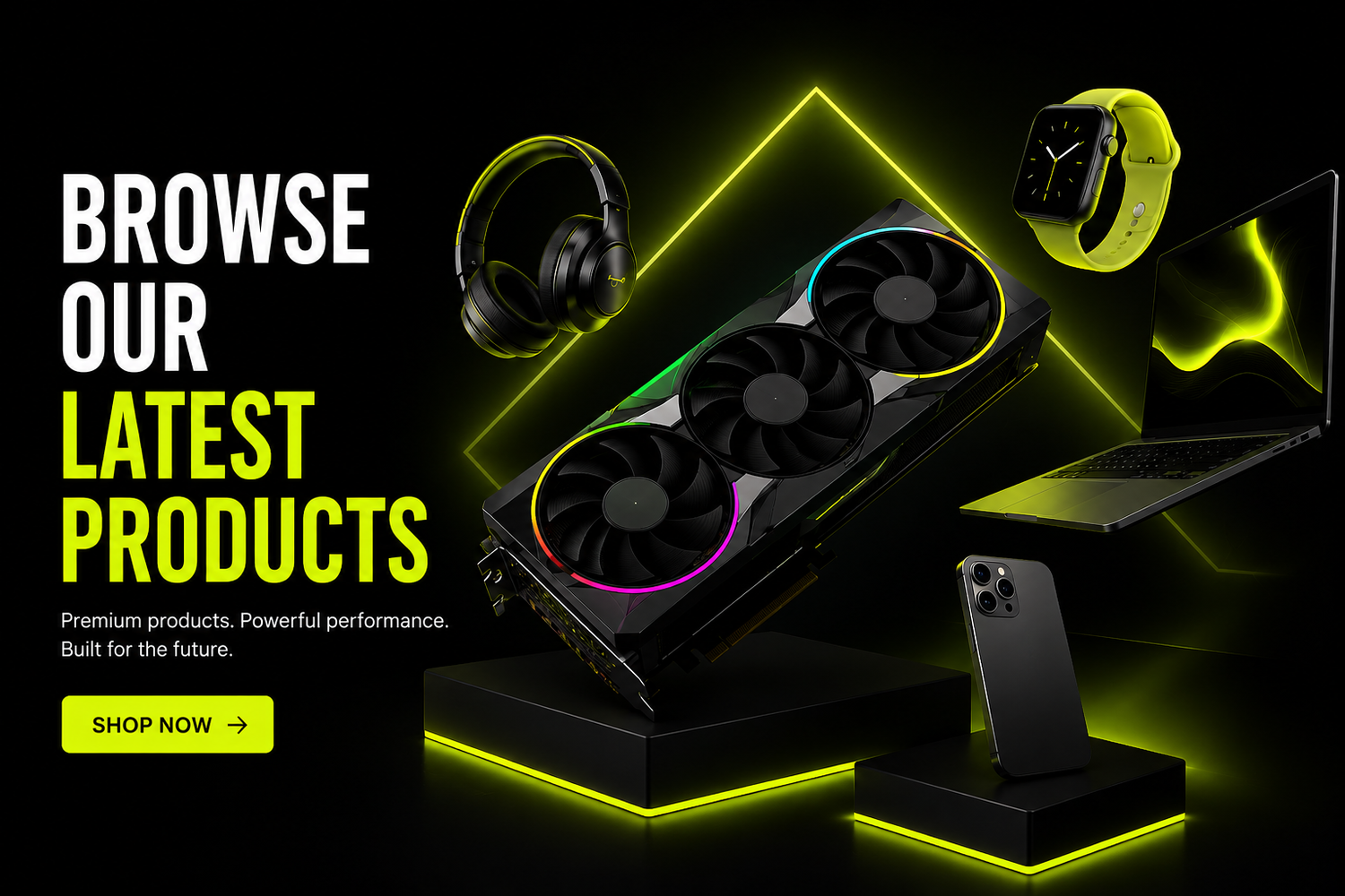Gaming PC components with neon lighting on a dark background, featuring text promoting latest products.